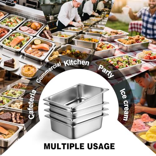 West Bay 4 Pack Half Size Stainless Steel Hotel Pan with Lids, 4" Deep, Commercial Food Storage