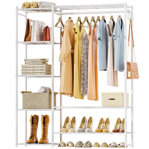 Neprock White Medium Clothing Rack with Shelves & Garment Bar - Portable Closet Organizer