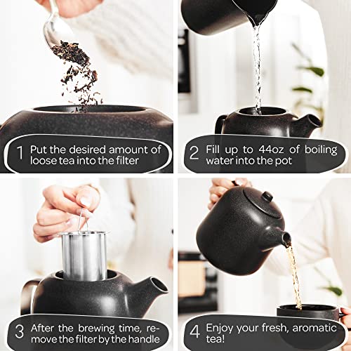 Ceramic Teapot 44 oz with Infuser - Black Premium Design, Removable Strainer