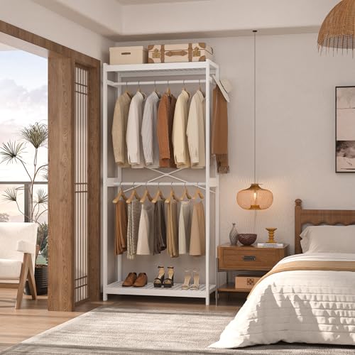 White Bamboo Clothing Rack with Shelves - 33.5” Wide, 78.8” Tall, Double Hanging Rods
