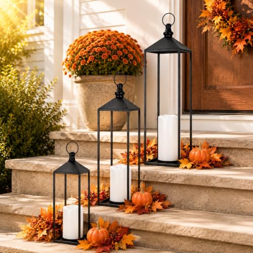 LED Lantern Set with Flameless Candles - 23, 19 & 13 Inches, Timer, Black Metal Decor for Indoor & Outdoor