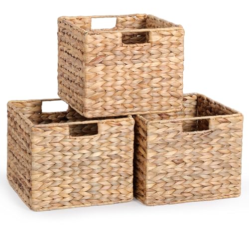 Water Hyacinth Storage Baskets Set of 3 - Large Foldable Woven Wicker Cubes for Shelves
