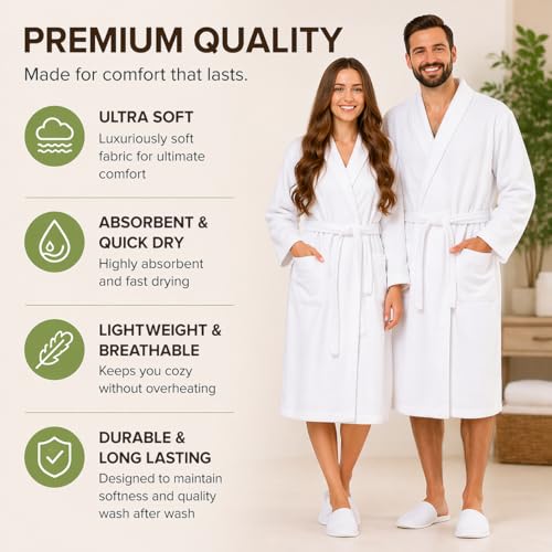 BIOLINEN White Cotton Shawl Collar Bathrobe with Slippers, One Size