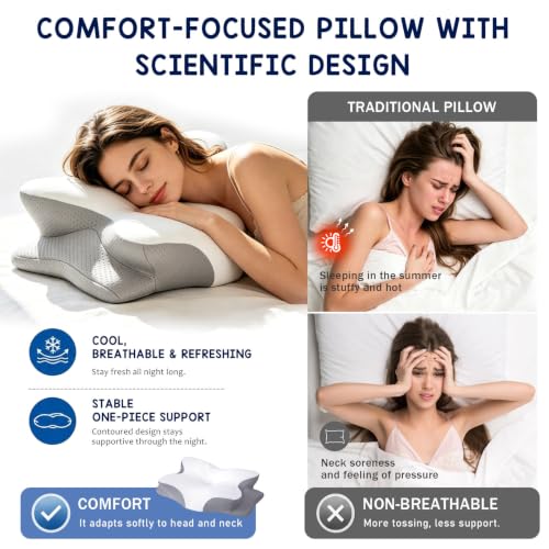 Tsomfeh Grey Cervical Neck Pillow for Support, Pain Relief & Cooling