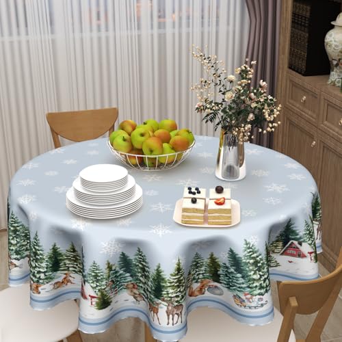Sweetshow 60 Inch Winter Snowflake Blue Round Christmas Tablecloth with Deer & Squirrel Design