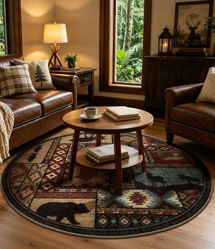 6ft Round Washable Rustic Cabin Rug - Brown Southwestern Indoor Carpet