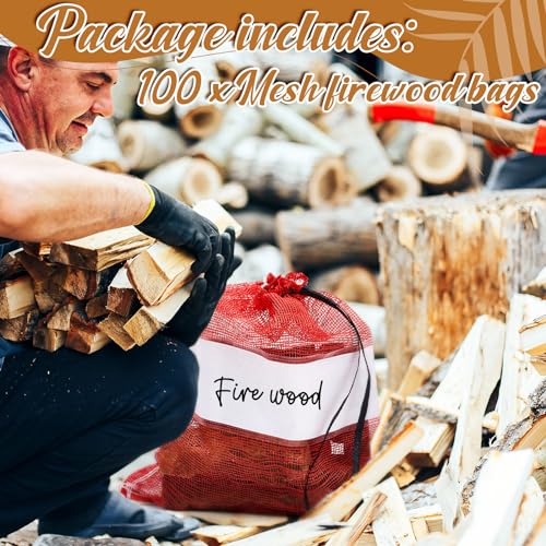 GliCraft 100 Pcs Mesh Firewood Storage Bags with Drawstring, 22 x 24 Inch