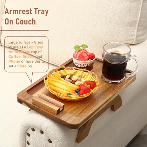 SINWANT Acacia Wood Couch Arm Tray 15.35x9.84 in Clip-On Sofa Table with Phone Holder
