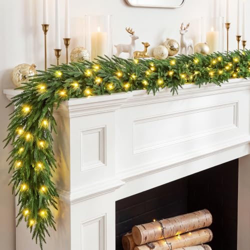 9 ft Real-Touch Norfolk Pine Christmas Garland, Prelit with 3 Light Modes