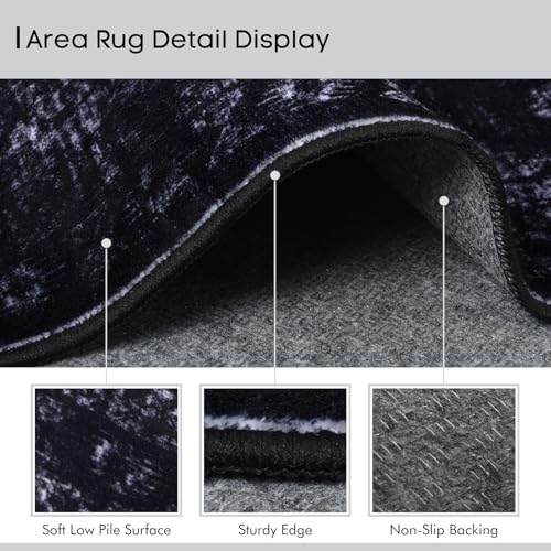 8x10 Black & Dark Blue Area Rug - Large Machine Washable Living Room Rug, Non-Slip, Geometric Pattern