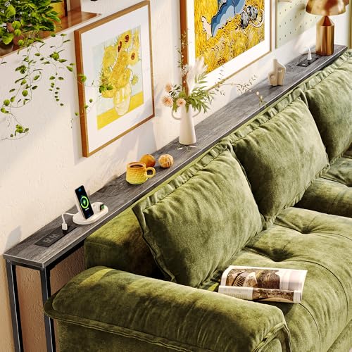 Charcoal Gray 110.2-Inch Behind Couch Table with USB-C & Outlets, Narrow Sofa Console