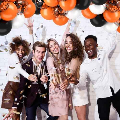 Black and Orange Balloons 62Pcs 12 Inch Metallic Halloween Party Balloons Black Orange White Confetti Balloon Set with Ribbon for Halloween Birthday Wedding Anniversary Baby Shower Party Decorations