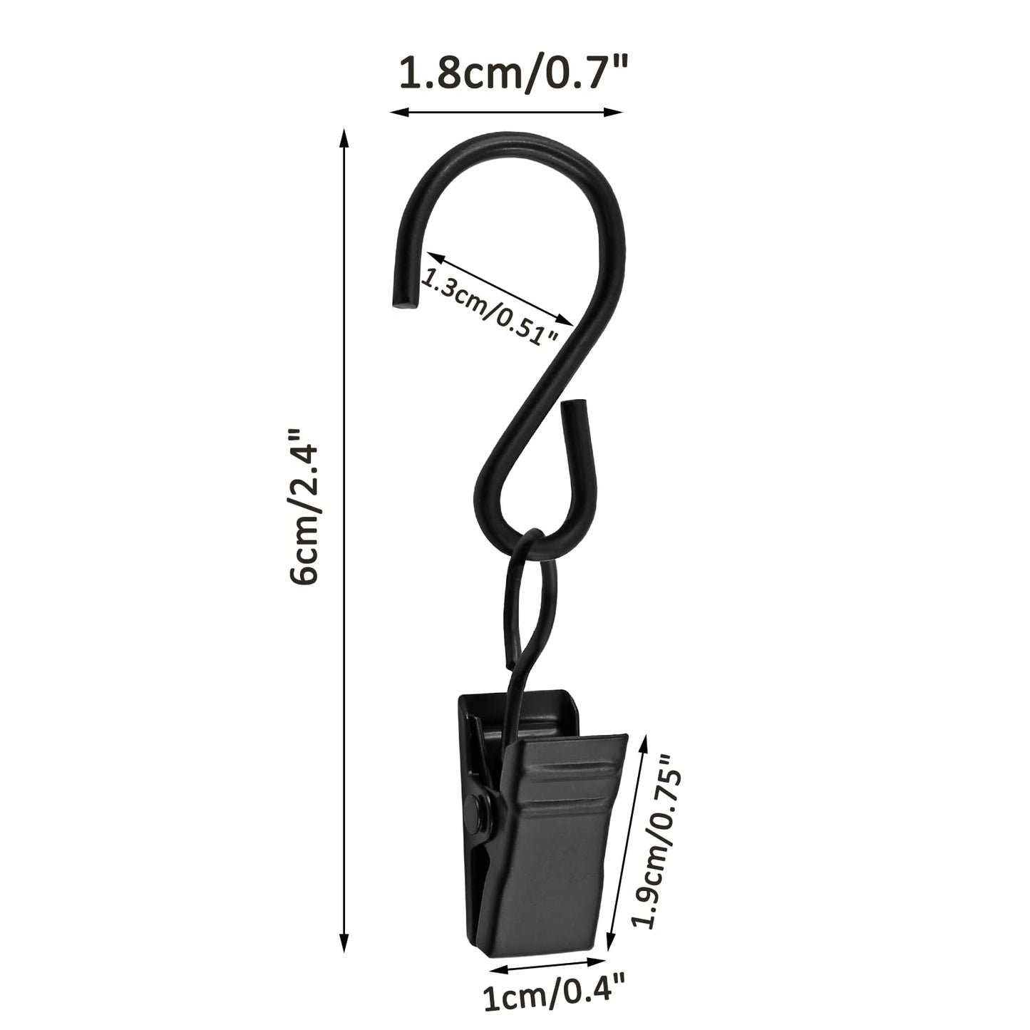 Unlorspy 50 Pack Stainless Steel S Hanging Hooks with Clips, 2.4 Inch Long Curtain Clips with S Hooks for Hanging Party String Lights, Home, Garage, Party, Patio, Camp and More (Black)