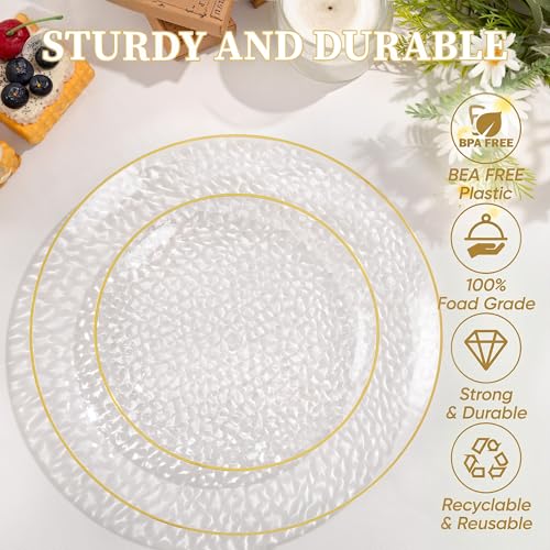 Disposable Plastic Plates Set - Clear & Gold Hammered Design for Parties
