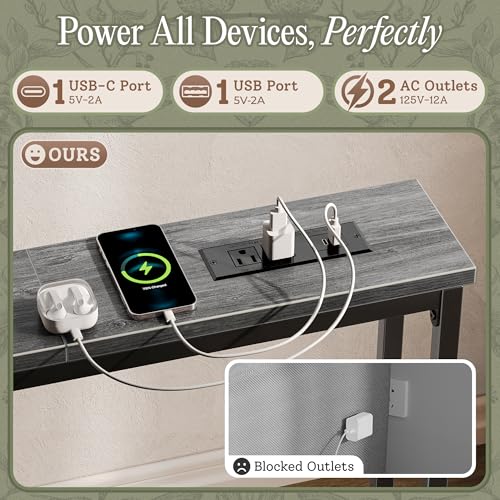 Charcoal Gray 110.2-Inch Behind Couch Table with USB-C & Outlets, Narrow Sofa Console