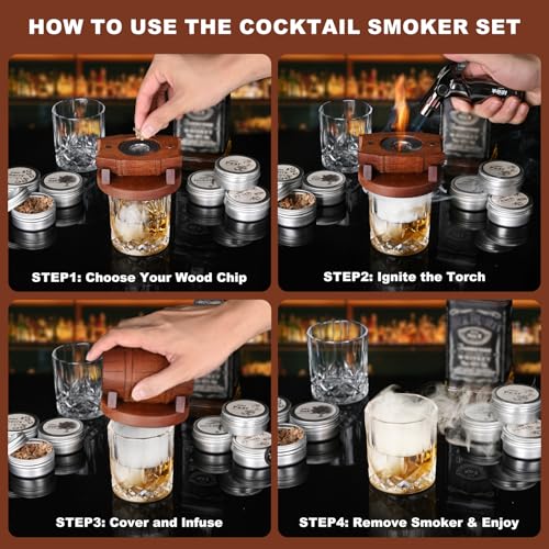 Whiskey Smoker Kit with Torch No Butane, 6 Wood Chips Flavors, 2 Glasses & Ice Molds – Whiskey & Cocktail Accessories – Whiskey Smoker