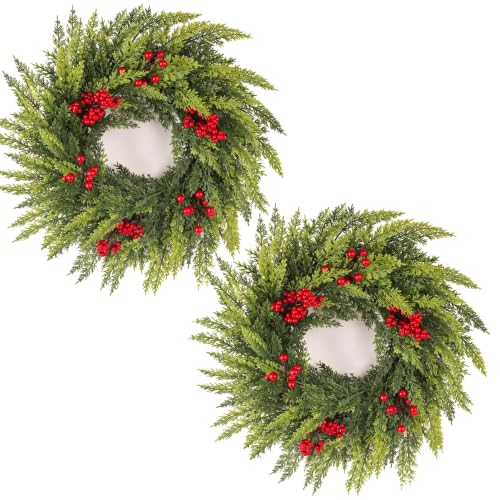FJAKA 20in Christmas Wreath with Red Berries - Front Door Decor, Indoor/Outdoor, Norfolk Pine Accent