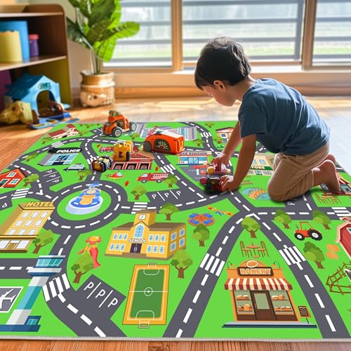 Kids Playroom Rug 7x9 ft Town & City Road Map Play Mat - Soft, Non-Slip, Educational
