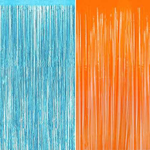 2 Pack Blue Orange Foil Metallic Fringe Curtains for Party Decorations Blue Orange Curtain Backdrop Streamer for Birthday Party Dart War Party Supplies Party Decors, 3.25ft x 6.5ft x 2pcs