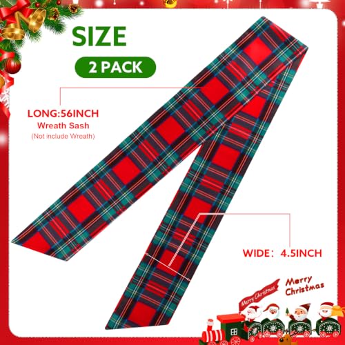 2 Pack Christmas Wreath Sash Ribbon - Red & Green Plaid, 56 x 4.5 in, Satin