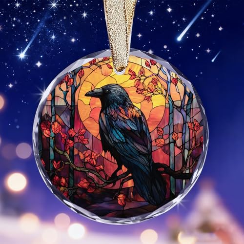 BitKan Gothic Crow Ornament for Christmas Tree (Bird004) – Raven Stained Glass Ceramic Holiday Decoration