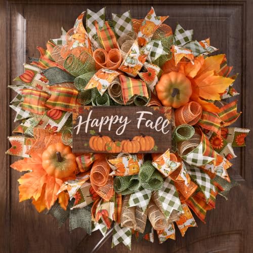 Autumn Fall Wreath for Front Door 20-Inch Mesh Bow with Wood Sign - Orange Green Variation