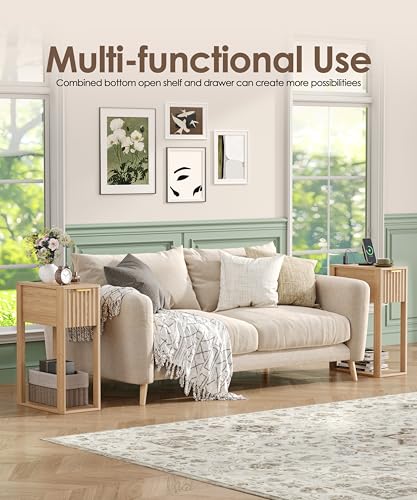 Narrow Nightstand Set 2 with Charging Station - Natural Oak, 15.7D x 9.4W x 23.6H