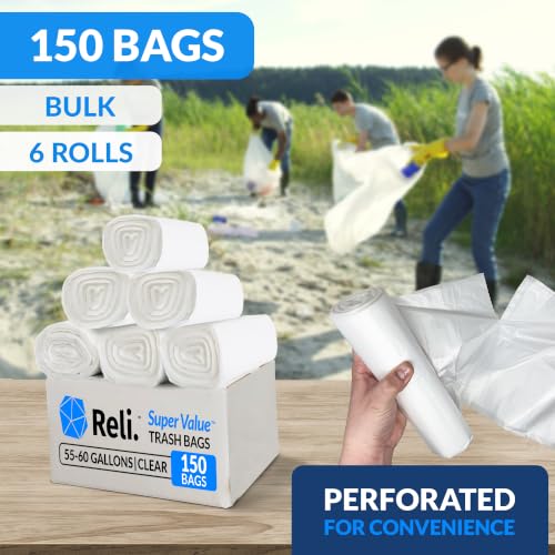 Heavy Duty 55-60 Gallon Trash Bags with Ties - 150 Clear Leak-Proof Garbage Bags