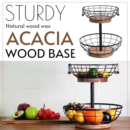 2-Tier Metal Fruit Basket with Wooden Base and Banana Hanger - Kitchen Counter Organizer