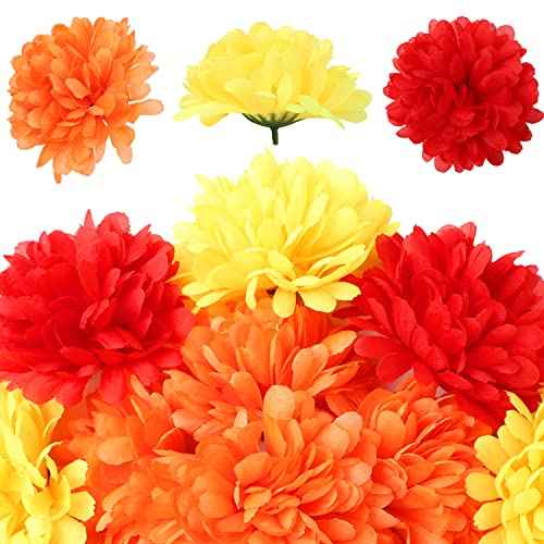 40Pcs Large Marigold Flower Heads Bulk 4 inch, Silk Marigold Artificial Flowers for Diwali Home Decor, Spring Bush Floral, Indian D?cor for Pooja,DIY, Halloween, Christmas(Multi Color)