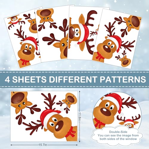Christmas Reindeer Window Clings - Cute Cartoon Animal Decals, Reusable PVC Window Decor for Winter, Birthday, Baby Shower, Party Glass Mirror, 4 Sheets