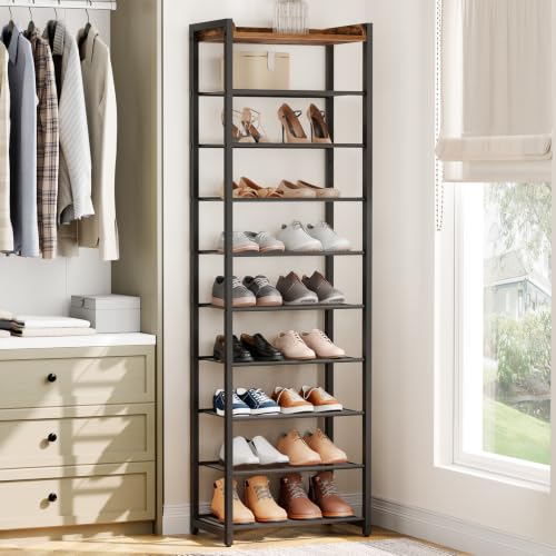 10 Tier Shoe Rack - Large Capacity Metal Shoe Organizer for Closet & Entryway - Rustic Brown 20.5"L x 11.8"W x 67.7"H