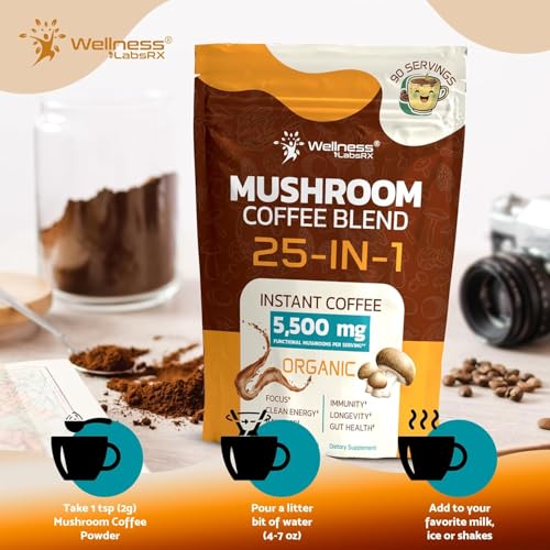Organic Mushroom Coffee Instant 25-in-1 Lions Mane & Reishi Powder - 6.35 oz Pack of 2