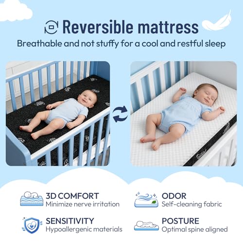 Baby Crib Mattress 52 x 27 Dual-Sided Memory Foam with Waterproof Cover - Black & White Variation