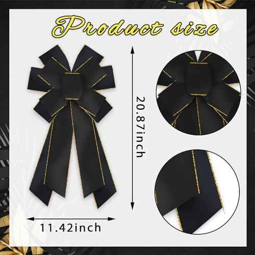 Luxury Black Gold Halloween Wreath Bow - Extra Large Wired Christmas Decor for Front Doors, Holiday Trees & Festive Indoor Outdoor Decorations, 11.42x20.87 Inch