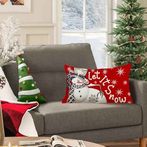 RABUSOFA Outdoor Christmas Pillow Covers 12x20 Inch Waterproof,Winter Decorations Pillows Decorative Throw Pillows Snowman Xmas Let It Snow Lumbar Cushion Covers for Home Decor Couch Holiday