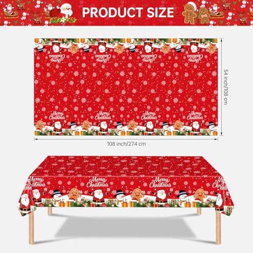 2 Pcs Christmas Tablecloth - Plastic Merry Christmas Table Cloth, Red Disposable Rectangle Cute Santa Claus Snowman Xmas Table Cover for Christma Party Decorations Favors Tables Decor, 108 x 54 Inch