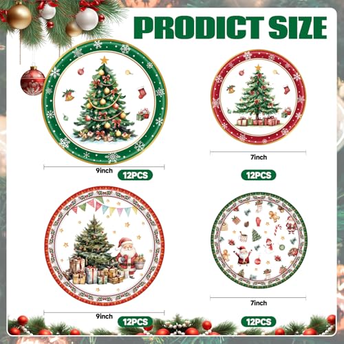 Christmas Paper Plates Set 48PCS Tree Design Red & Green Holiday Party Dinnerware