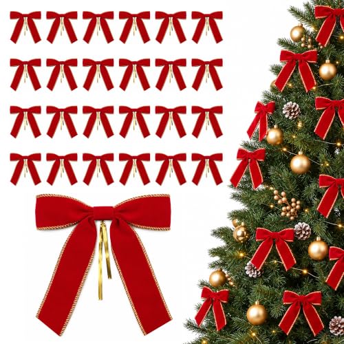 Ironraw 24 Pcs Red Velvet Christmas Bows with Gold Trim, 6x6.5 Inch Holiday Decor Set