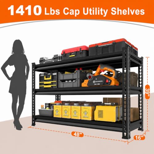 Heavy Duty Metal Garage Shelving - 48W x 16D x 39H, Black, 3T-BK-48"Wx16"D