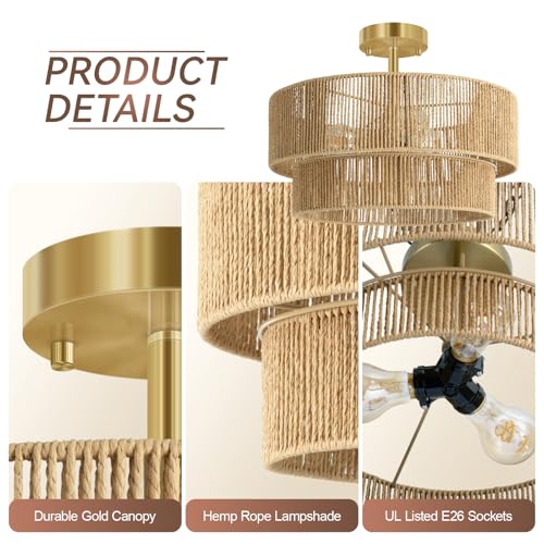Brown 16.54-Inch Boho Rattan Ceiling Light Fixture - Semi Flush Mount for Bedroom, Dining, Kitchen