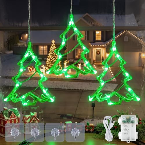 Hanging Window Lights, 30 LED Green Christmas Tree – Battery/USB Powered (Tree Theme) by Briteglotec