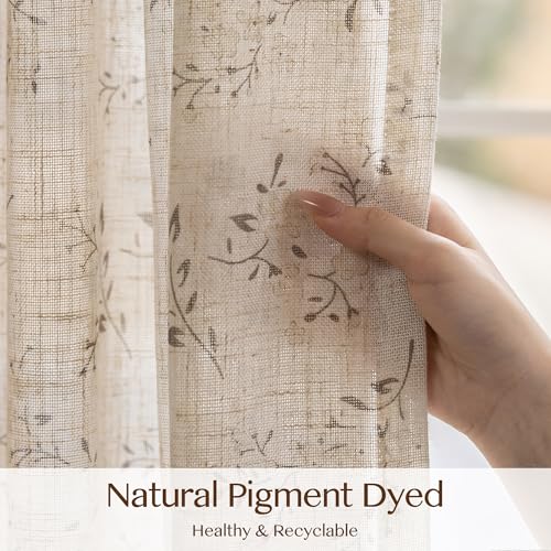 Taupe on Beige Floral Linen Curtains - 120 Inch Light Filtering Farmhouse Drapes, 2 Panels