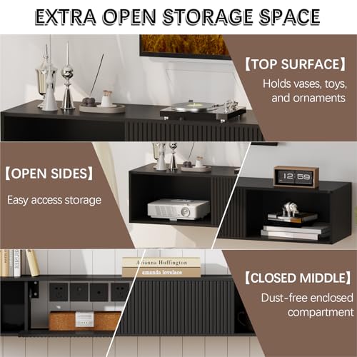55-Inch Floating TV Stand with LED Lights and Storage - Black - Wall Mounted
