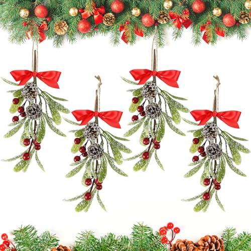 Christmas Mistletoe Decorations Set - 4 Artificial Hanging Kissing Balls with Pinecones & Bows