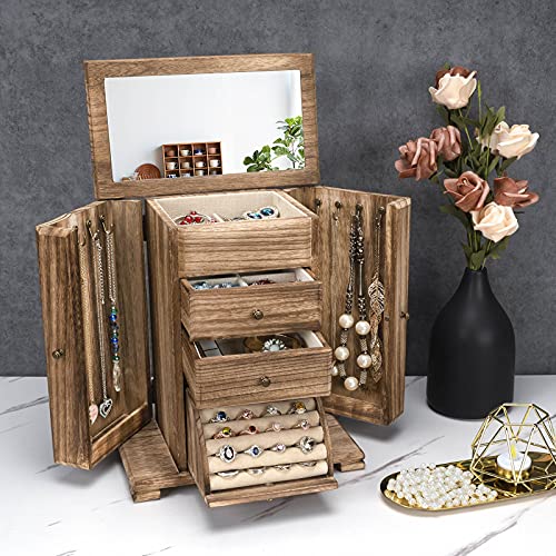 Rustic Brown Jewelry Box for Women, 4-Layer Wooden Organizer with Mirror