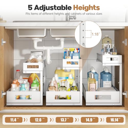 White 2 Pack Under Sink Storage Organizer - 20.47 Inch Depth, 2-Tier Pull-Out Shelves, Adjustable Height