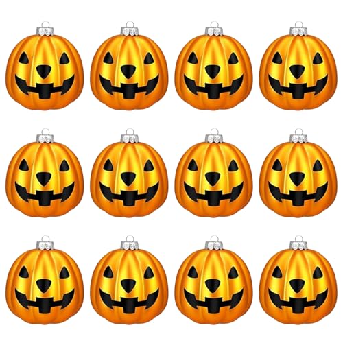 Smiling Pumpkin Hanging Ornaments - 12 Pack Halloween Decorations, Resin Fall Thanksgiving Tree Decor with Lanyards, Indoor Outdoor Home Party D?cor (Orange)