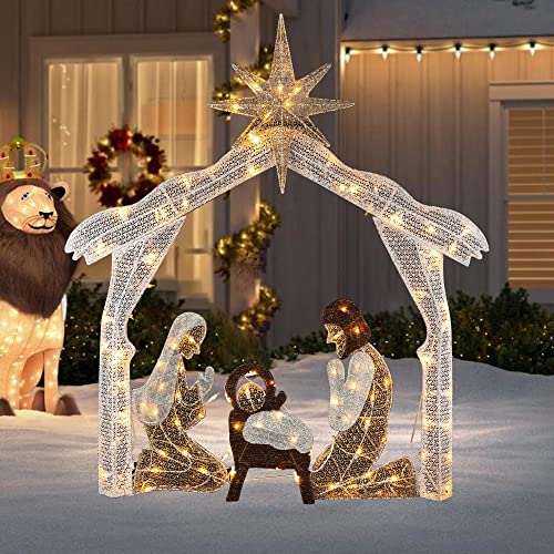 Hourleey 4ft Lighted Christmas Nativity Scene Outdoor Holiday Decor with Warm White Lights
