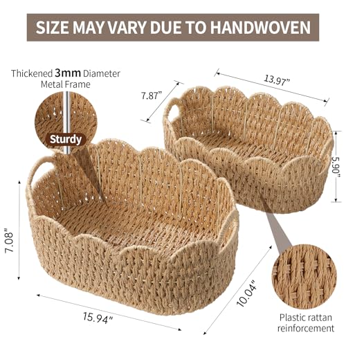 Natural Paper Rope Scalloped Basket Set of 2 - Wicker Storage Baskets for Shelves, Toys, Gifts & Decor